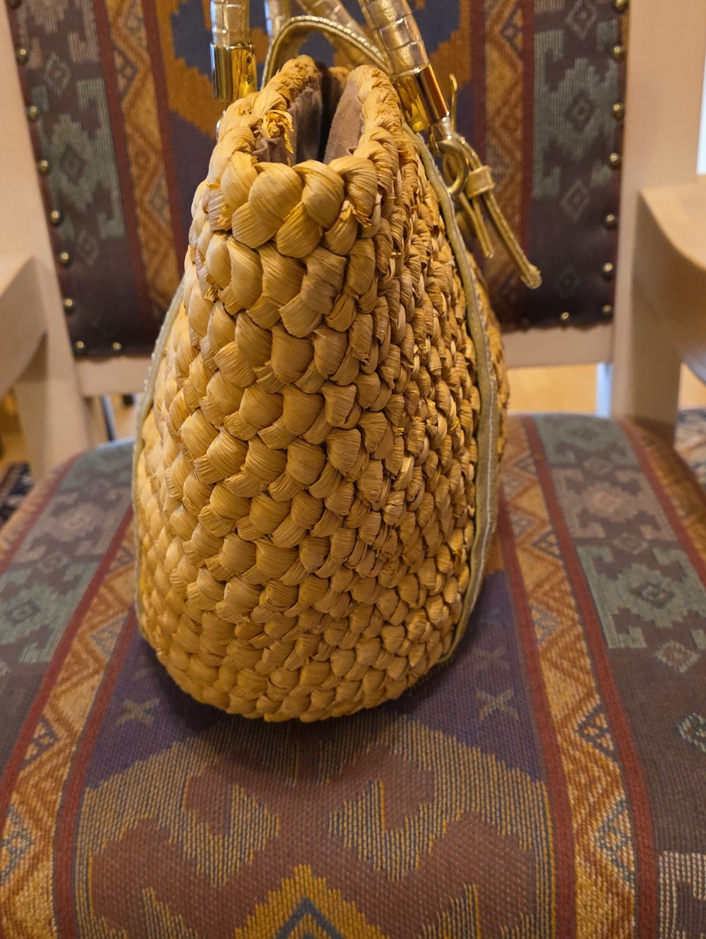 Y2K Straw Woven Vegan Leather Corn Husk Tote Bag Gold Buckle Beach Boho - Picture 10 of 15